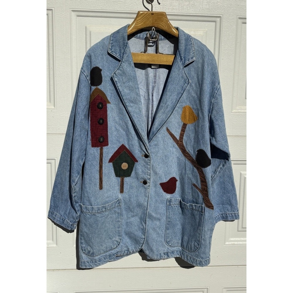 Vintage Sun Belt Denim Jean Jacket Women Large Mid Length Bird  Embroidery